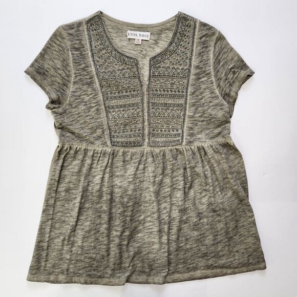 Knox Rose Embroidered Babydoll Top Women M Beaded‎ Garment Dyed Green - Picture 4 of 11